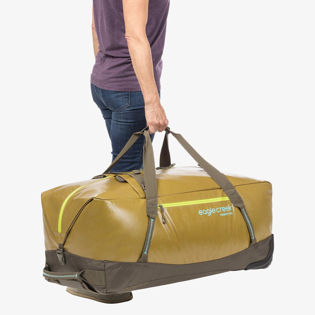 Eagle Creek Migrate Wheeled Duffel 130l rush blue – plně naložená taška na kolech