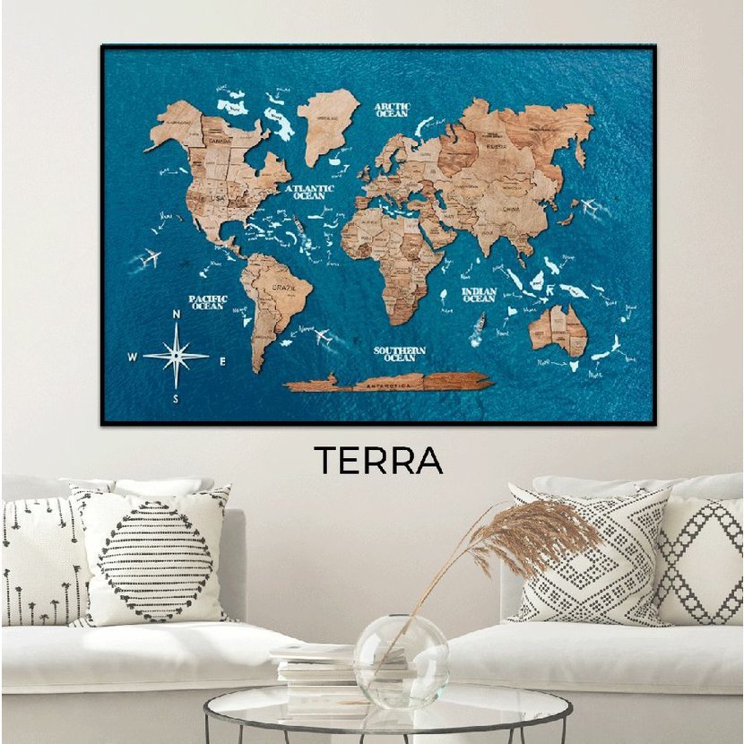 Enjoy the Wood 3D nástěnný obraz Panel World Map Single Terra Ocean L