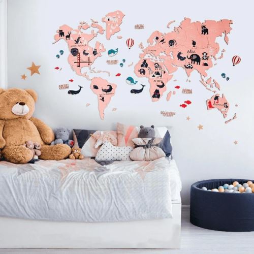 Enjoy the Wood dětská korková nástěnná mapa Kids World Map pink M