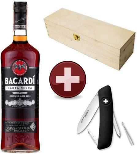 Bacardi Carta Negra 40% 1l + nůž Swiza D02 black v dárkovém boxu