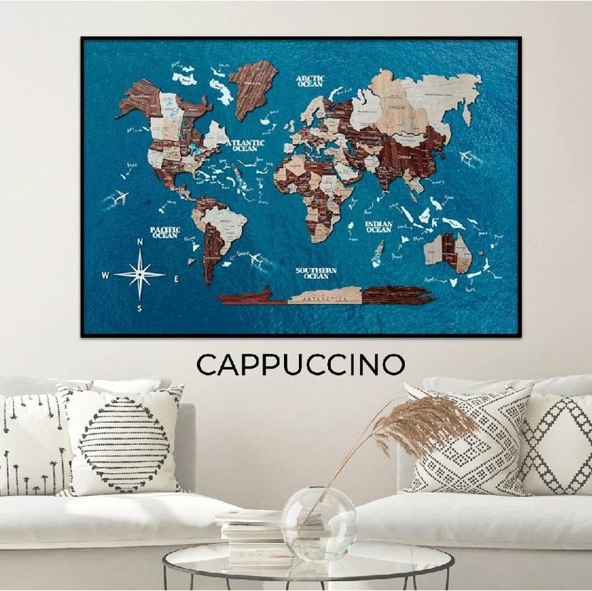 Enjoy the Wood 3D nástěnný obraz Panel World Map Single Cappuccino Ocean L